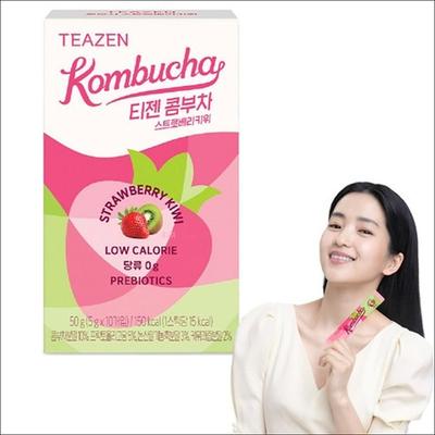 Teazen Kombucha Strawberry Kiwi Tea 10 Sticks / Low Calorie, Zero Sugar, Prebiotics
