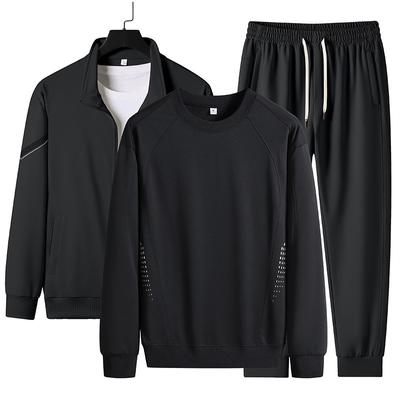Cotton Casual Suit Men's Running Sports Cardigan Stand Up Collar Hoodie Three Piece Set