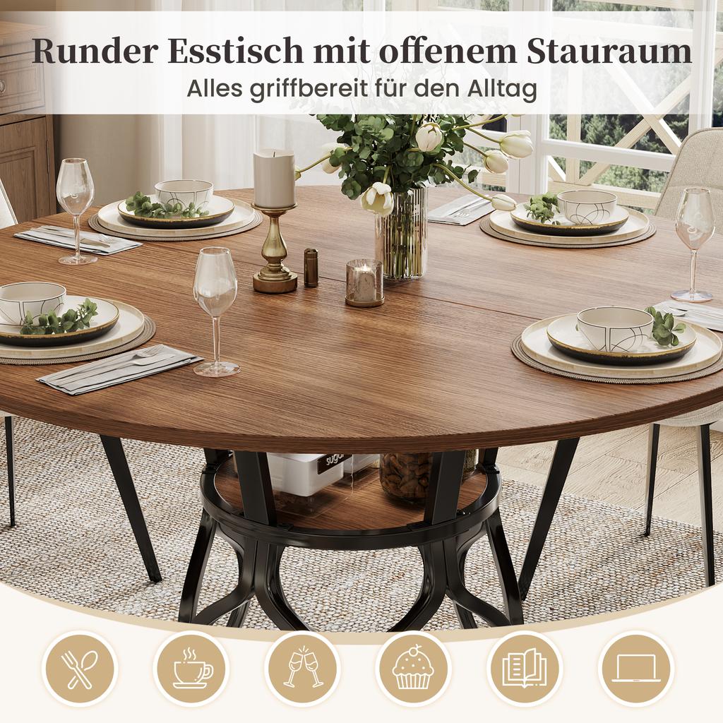 Round Dining Table 100x100x75 Cm, Kitchen Table for 4-6 People with Integrated Shelf, MDF Tabletop In Walnut Look, Modern Metal Frame, Space-saving.