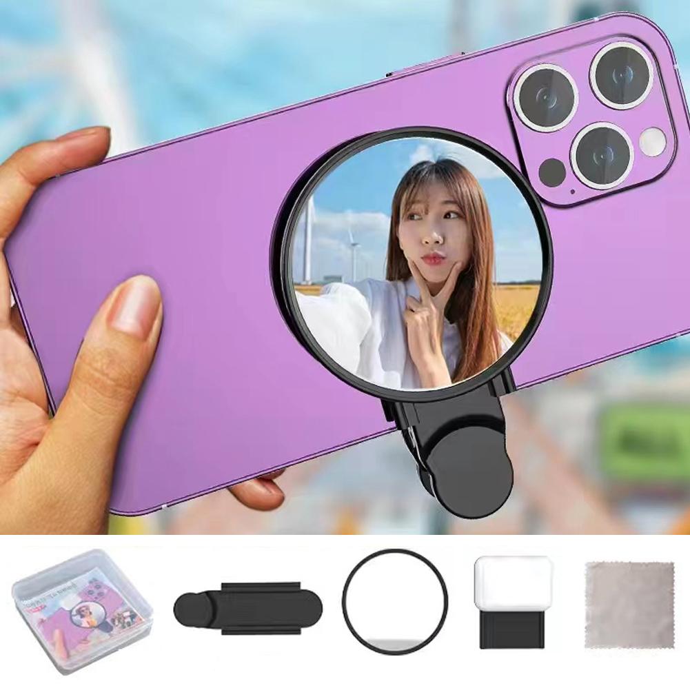 Universal Phone Camera Ring Mirror with Light Rear Camera Selfie Reflector Clip-on Makeup Light with Storage Pouch HD Reflection