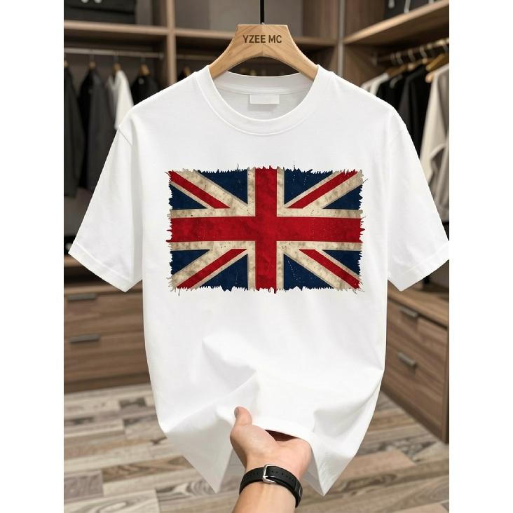 T-shirt Uomo Vintage Pesante 180g Union Jack | Maglietta Grafica Bandiera Britannica Usurata, Comoda Vestibilità Regolare Manica Corta per Uscite Casual,