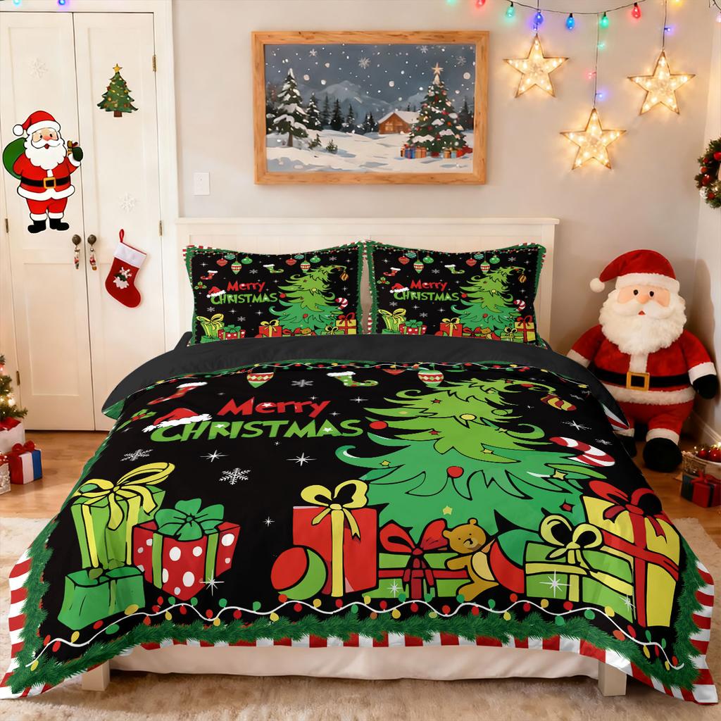 3pcs cartoon Christmas tree HO element print coreless duvet cover set multi size bedroom holiday bedding decoration