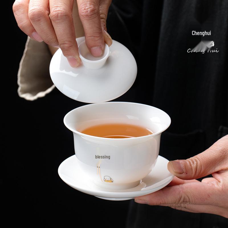 Sheep Fat Jade Porcelain Kung Fu Tea Set: Ceramic Gaiwan and Cup for Home Use - High-End Gift Box for Company Souvenir