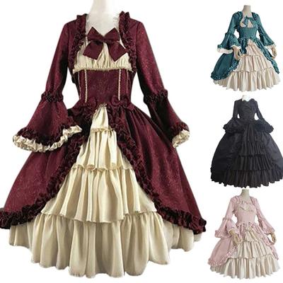 Fashion Women Vintage Gothic Court Square Collar Patchwork Bow Dress
