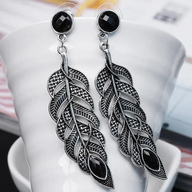 Women New Arrival Elegant Bohemian Vintage Feather Earring Summer Style Black Leaf Earring Pendant Accessories gift