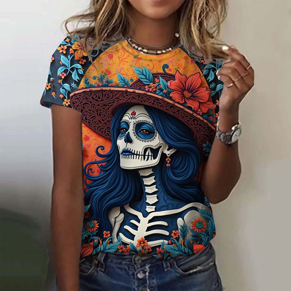Women's T-shirt for Girls Short Sleeve Casual Sexy Girls Clothes Summer Day of the Dead Undead Skull Pattern Oversized T-shirts
