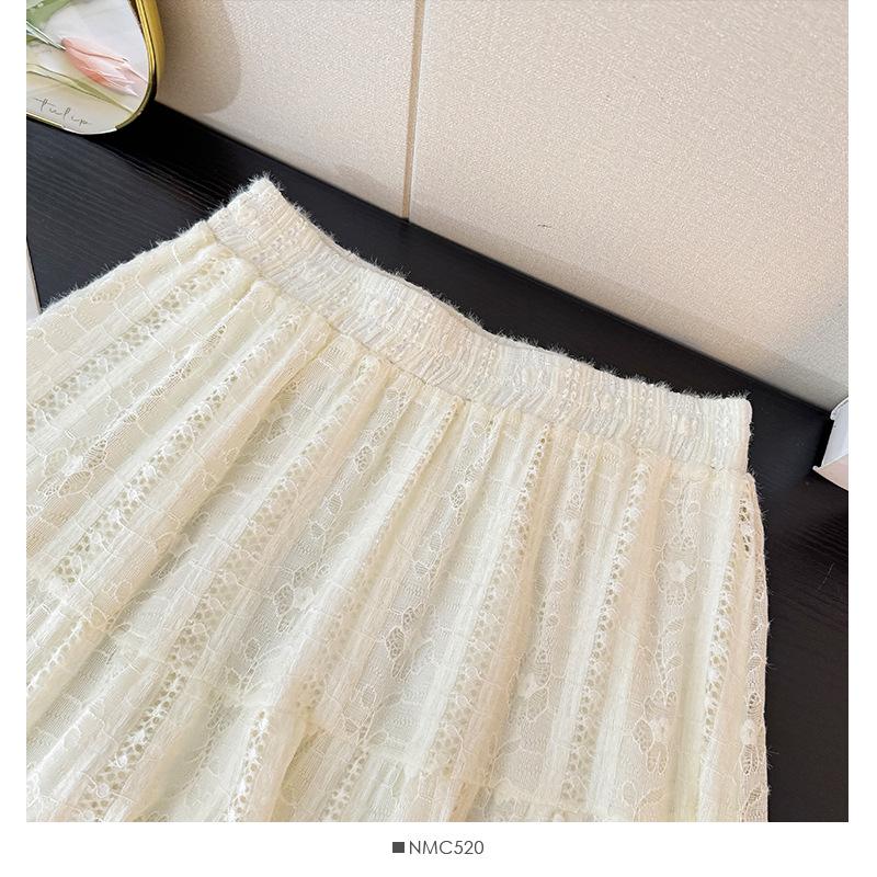 Elegant French Crochet Lace A-Line Midi Skirt for Women - High Waist, Autumn 2025 Collection