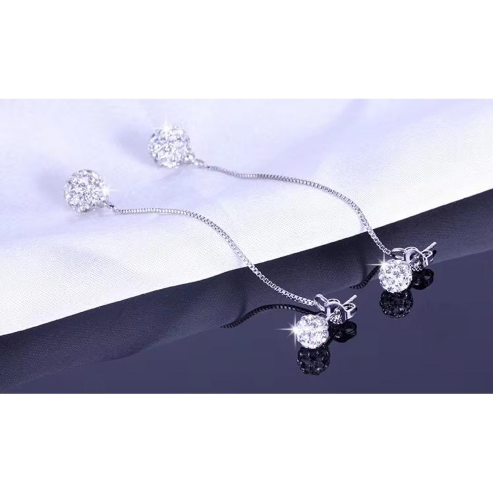 High Quality 925 Silver Rhinestone Earrings Double Crystal Ball Long Tassel Stud Earrings Brincos De Prata For Women