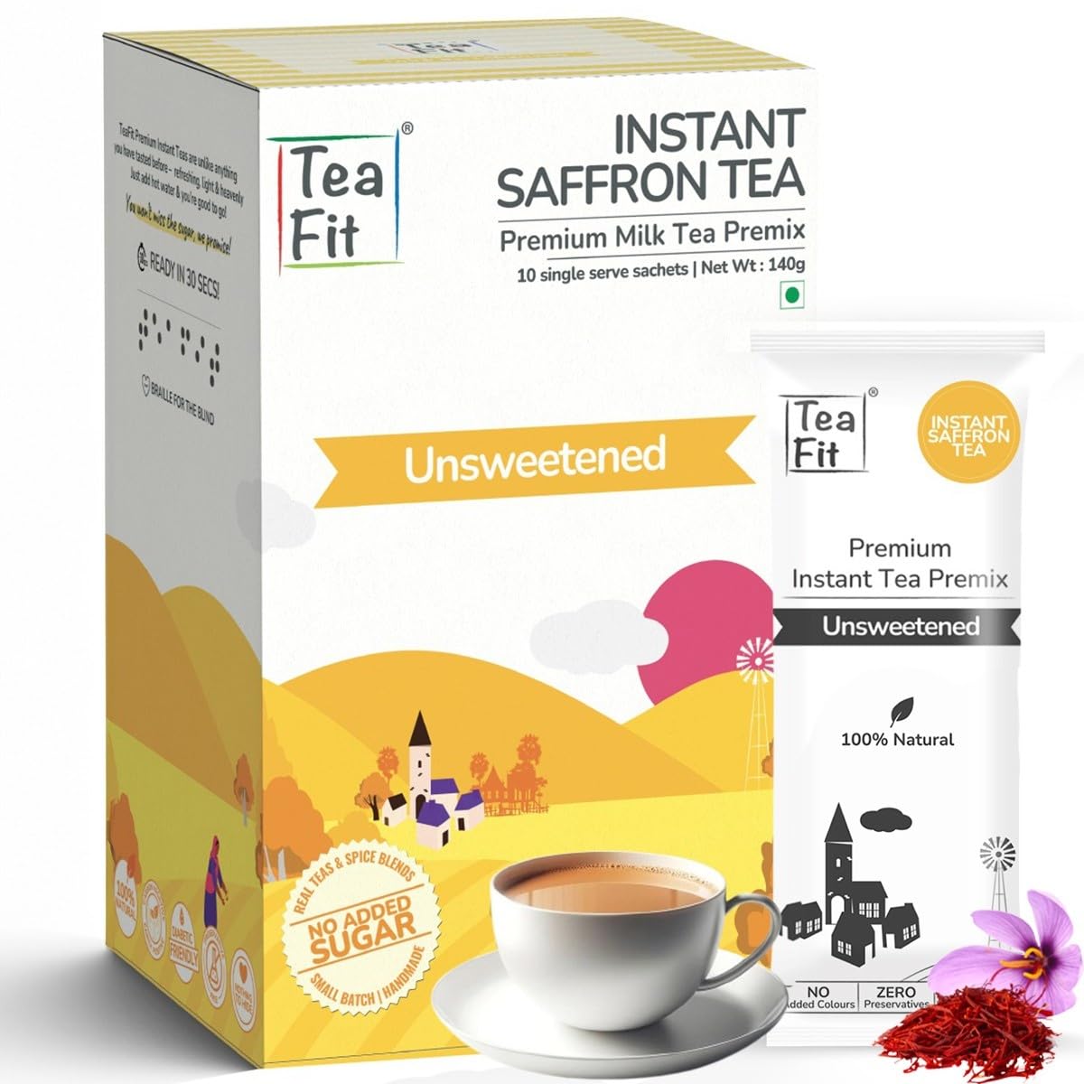 

TeaFit Premium NO SUGAR Instant Saffron Tea Premix | Pack of 10 Sachets (140gm) | Real Milk & Saffron | Home Style Kesar Chai | Milk Tea Pr