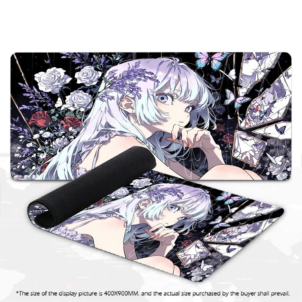 XXL Large Desk Mat Dark Anime Female Raven Floral Butterfly Mousepad Non-Slip Rubber Keyboard Mat Art Gaming Office Desk Pad