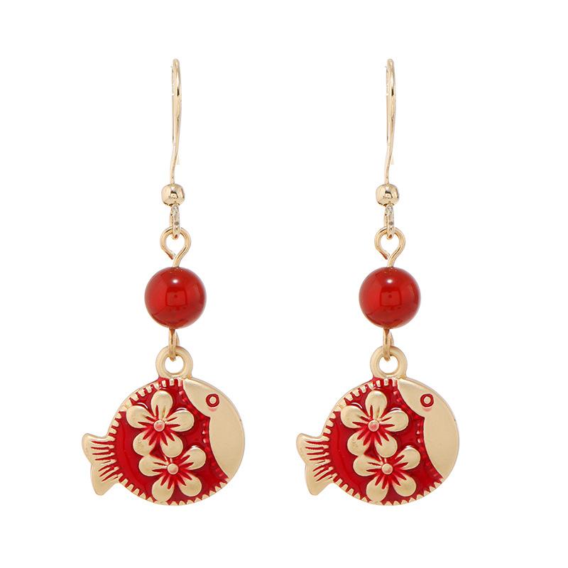Niche Design Red Flower Earrings Retro Ethnic Style Temperament Versatile Jade Earrings Chinese Style Earrings Women