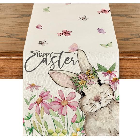 Artoid Mode Daisy Bunny Rabbit Easter Table Runner, Seasonal Spring Kitchen Dining Table Decoration for Home Party Decor 13x72 Inch