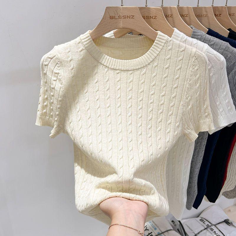 Womens Cable Knit Short Sleeve Sweater Crew Neck Slim Fit Knitted Top