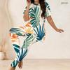 Women Plus Size Green Abstract Printed Two Piece Set Round Neck Short Sleeve Top Fitted Long Pants