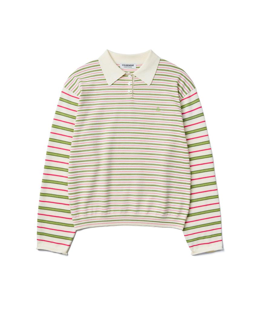 Tudument Stripe Long Sleeve Polo Knit_Ivory