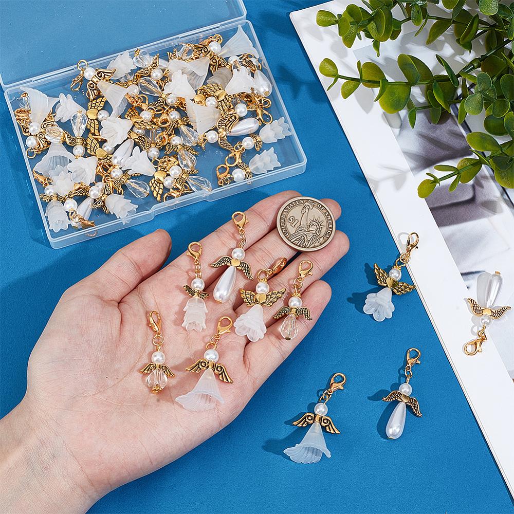 48Pcs 6 Styles Angel Acrylic & Alloy Pendant Decorations with Alloy Lobster Claw Clasps Antique Golden & Golden 36~45mm 8pcs/style