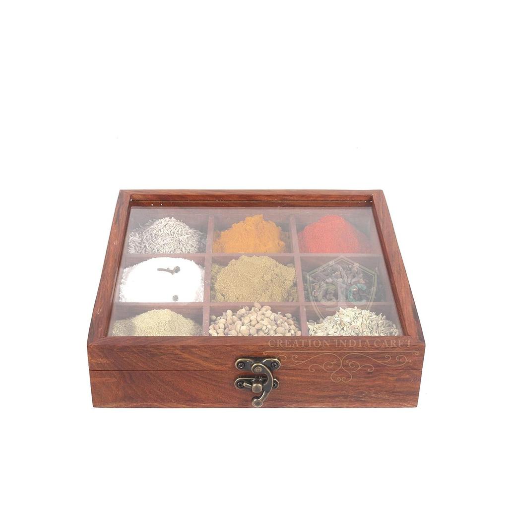 Wooden Spice Box With Spoon Container For Kitchen Masala