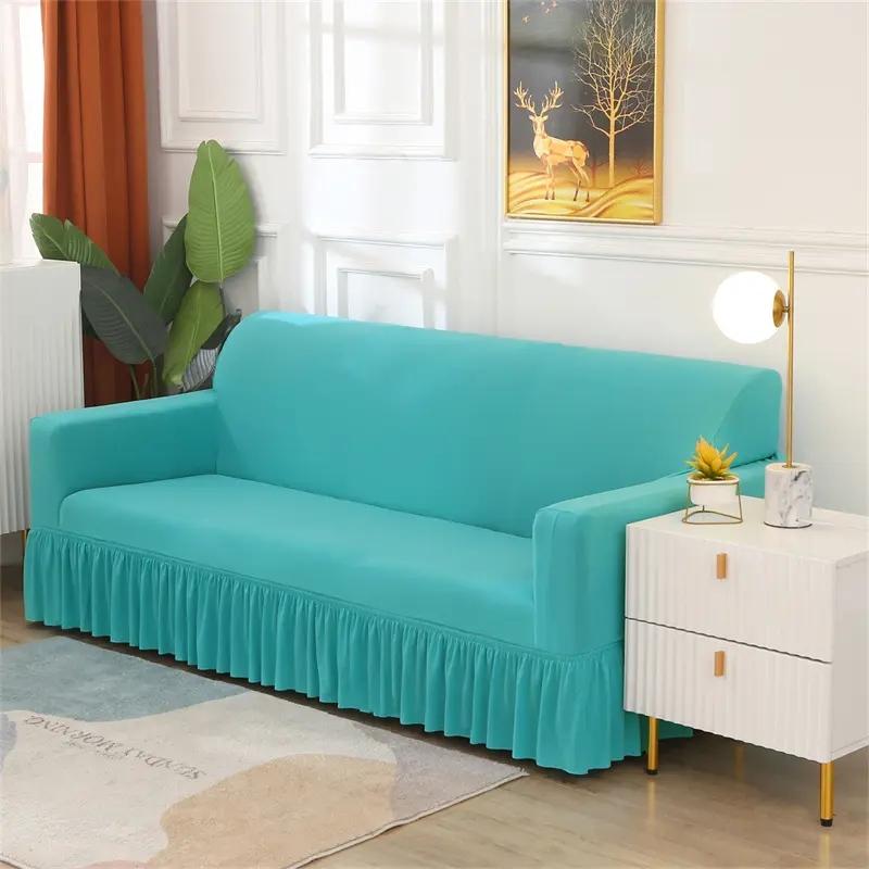 Solid Color Elastic Sofa Cover With Skirt Home Decor Non-slip Slipcover Furniture Couch Protector Cover