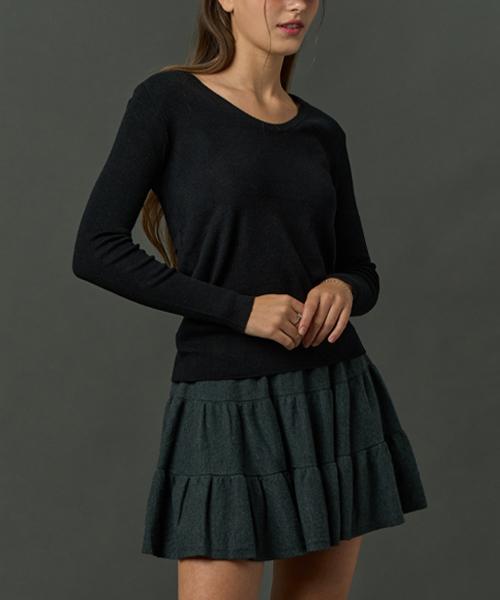 Sitipabjeu [Cp] Winter Knit Round V-Neck Long Sleeve Tee [Black]