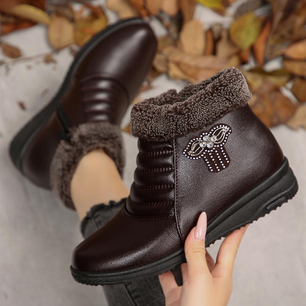 Fashion Retro Glitter Decoration Furry Ankle Boots Women 2025 Winter Comfort Round Toe Wedge Heel Fur Boots Warm Plush Non Slip Booties