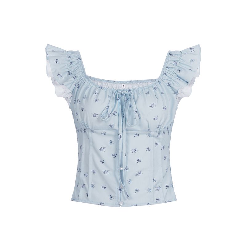 

H Home European and American Women s Clothing French Style Fresh Blue Floral Tiered-Ruffle Long Dress Sweet Young Adult Skirt Holiday Suit Blue Tops L