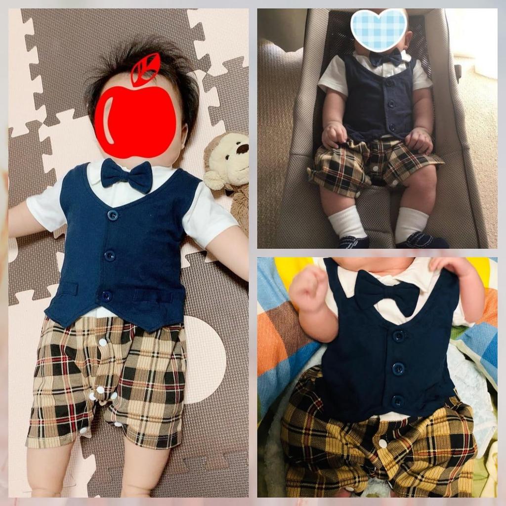 Formal Short Baby Clothes with Bow Shrine Visit Navy Blue with Check Mum&nny Romper, Sleeve, Boys' Tie, Spring/Summer, 0-24 Months, (Size 73, Pattern)