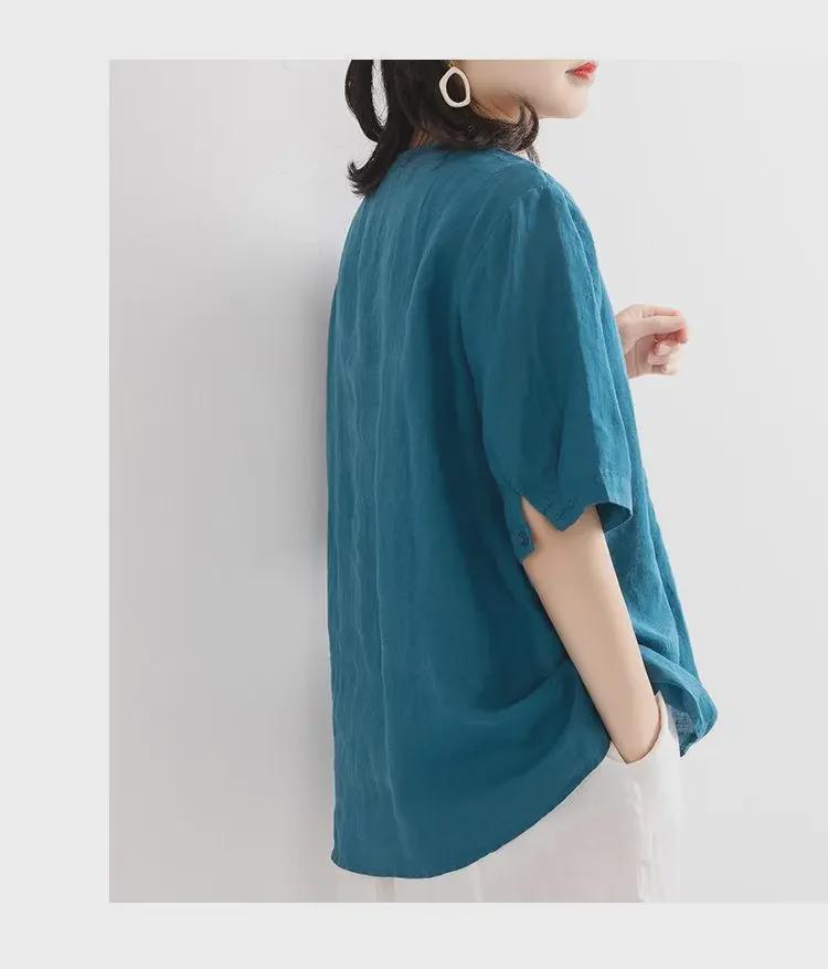 Summer 2024 Women's Solid Color Short-Sleeve Loose Retro V-Neck Cotton Linen Shirt