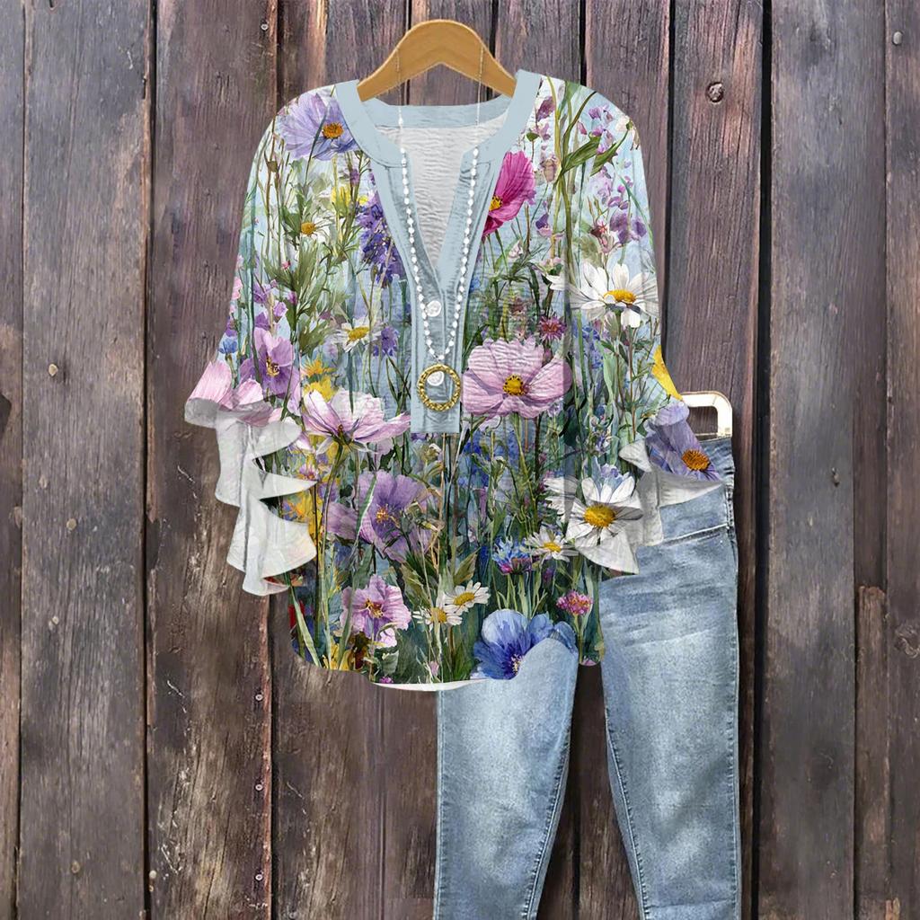 Dámská módní knoflíková halenka s volánky a sedmivteřinovým rukávem, top s květinovým potiskem