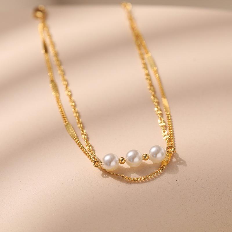 Double Layer Stacked 18k Gold Plated Pearl Anklet Women Minimalist Foot Jewelry