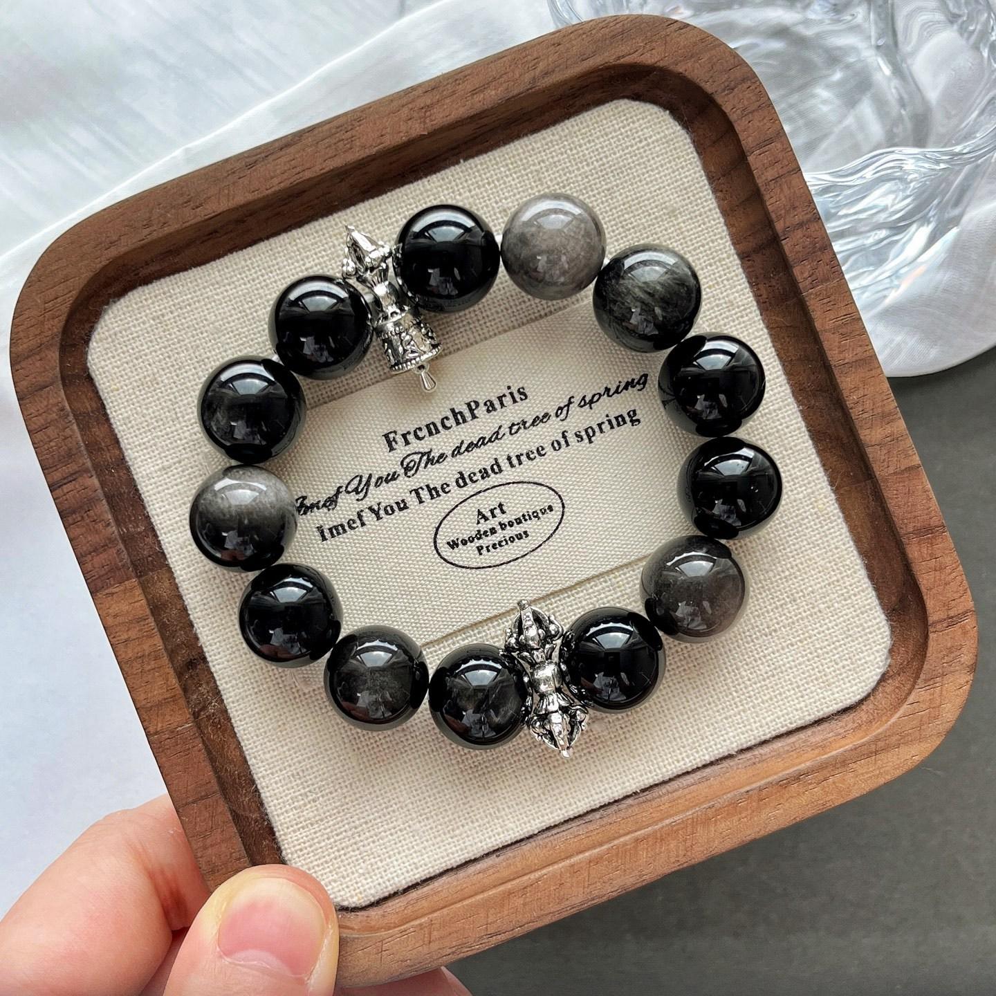 14Mm High Quality Natural Silver Obsidian Design Bracelet Bracelet