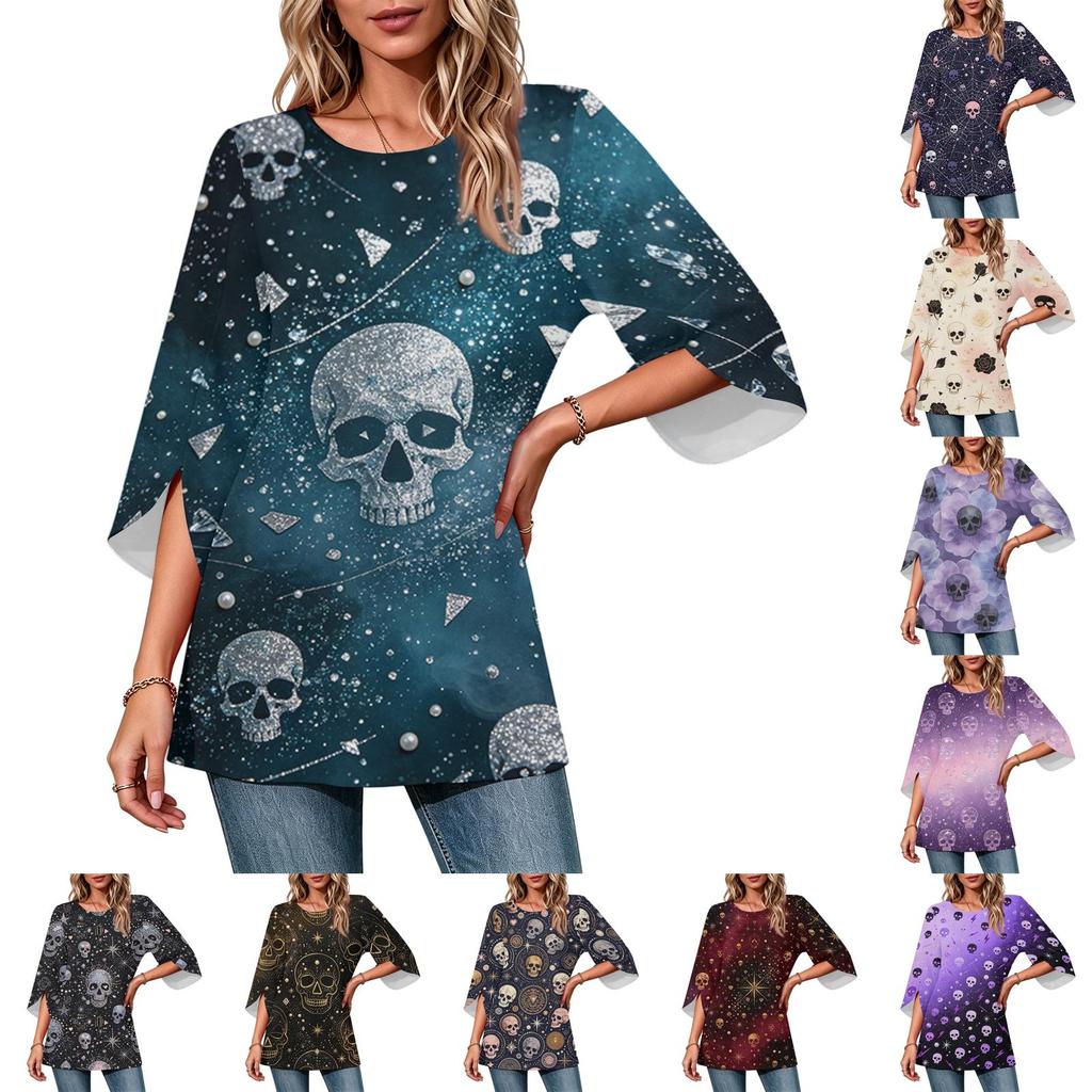 Women's Fashion Halloween Print Loose Casual Round Neck Three-Quarter Sleeve Top