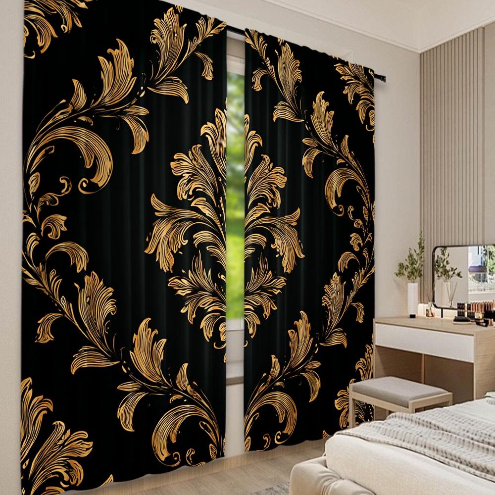 Set Of 2 Flat Printing Curtain Golden Ornamental Flourish Digital Printed Polyester Drapes Family Party Decoration Use Home