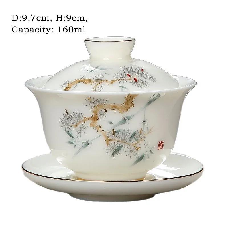 White Jade Porcelain Tea Bowl, Tea Cup and Saucer, Gaiwan, High-End Chinese Household Tea Set, Ceramic Puer Teacups, Tureen