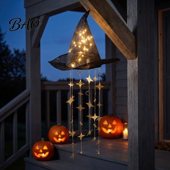 Luminous Witch Hat Lights Lighted Hanging Chime, Halloween LED Ornament with Glow Star Tassels, Magical Light for Porch Window Patio Indoor
