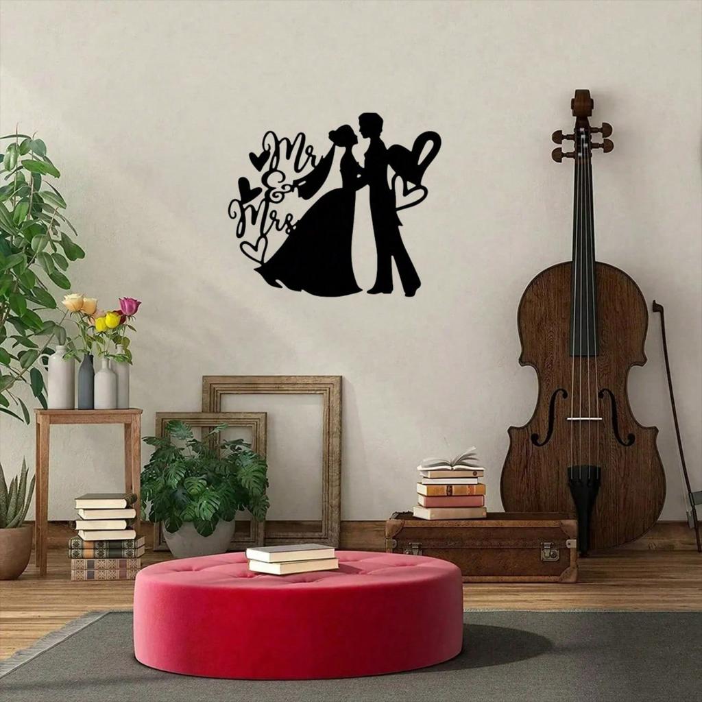 Metal Wall Art Valentine Bride & Groom Sign, Aesthetic Hanging Ornament, Wedding Metal Decor for Home Room