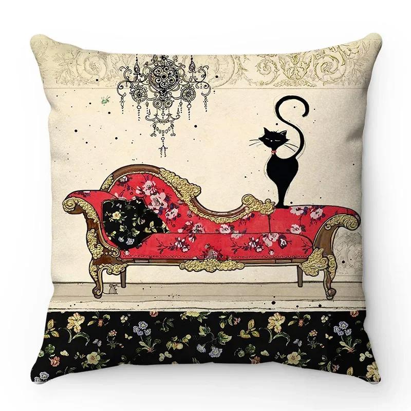 Retro black cat cartoon anime cat French decorative bedroom sofa seat car restaurant study room pillow sleeve pillowcase
