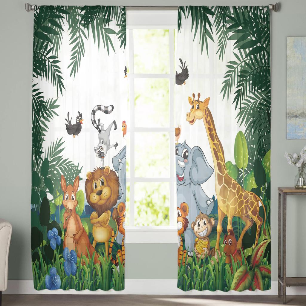 Tropical Jungle Zoo Cartoon Animal Sheer Curtain For Living Room Bedroom Kitchen Window Decor Giraffe Elephant Tulle Curtains