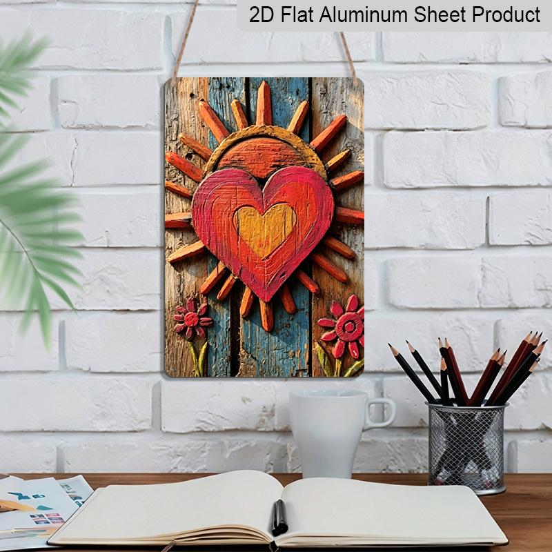 2D Flat, 1pc Vintage Bohemian Sunflower & Hippie Heart Aluminum Wall Art - Retro Farmhouse Kitchen Decor, Durable Metal Plaque for Boho Housewarming