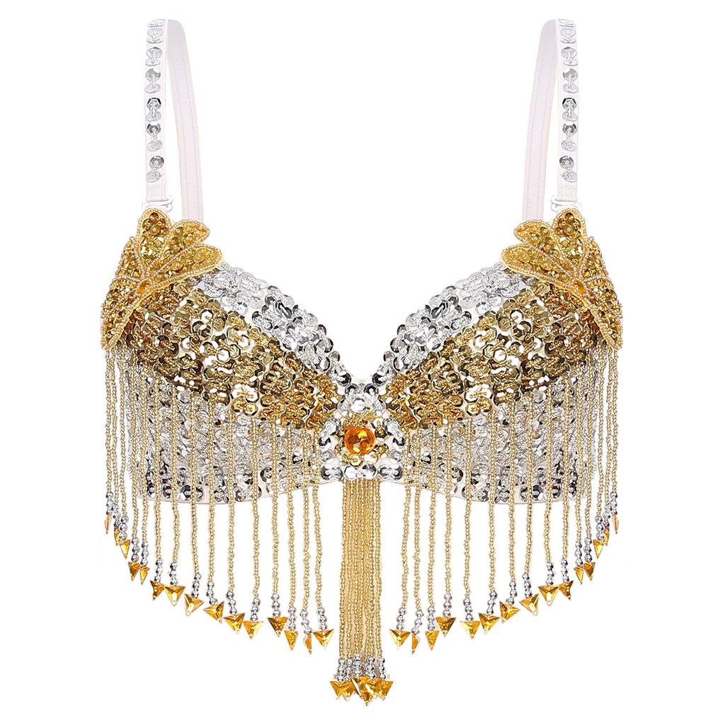 Womens Sparkly Sequins Belly Dance Top Adjustable Straps Plastic Beaded Tassels Underwired Bra
