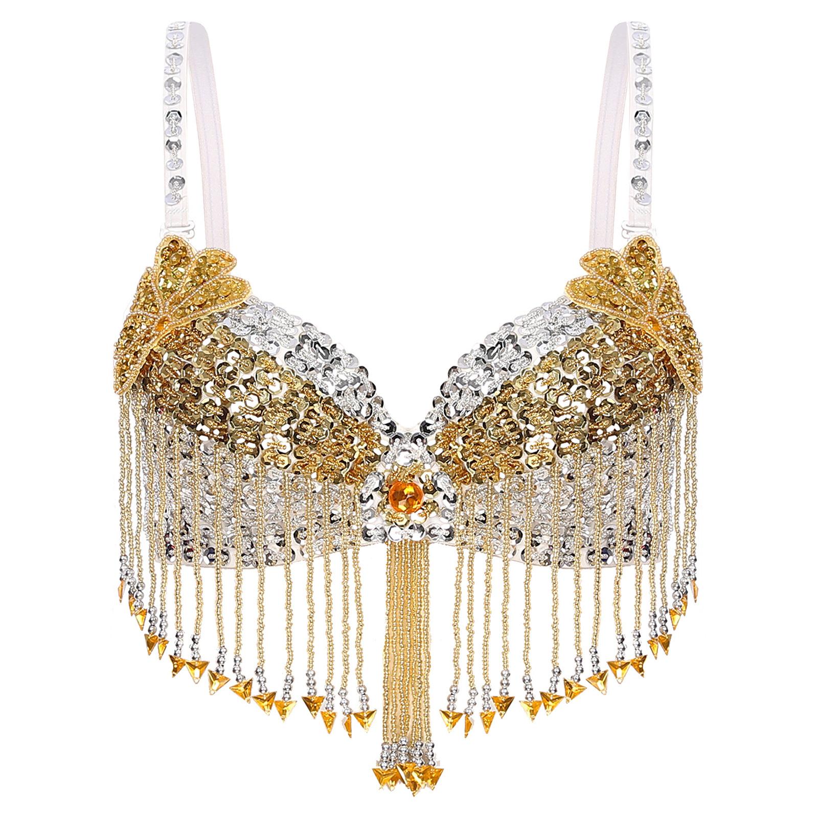 

Womens Sparkly Sequins Belly Dance Top Adjustable Straps Plastic Beaded Tassels Underwired Bra