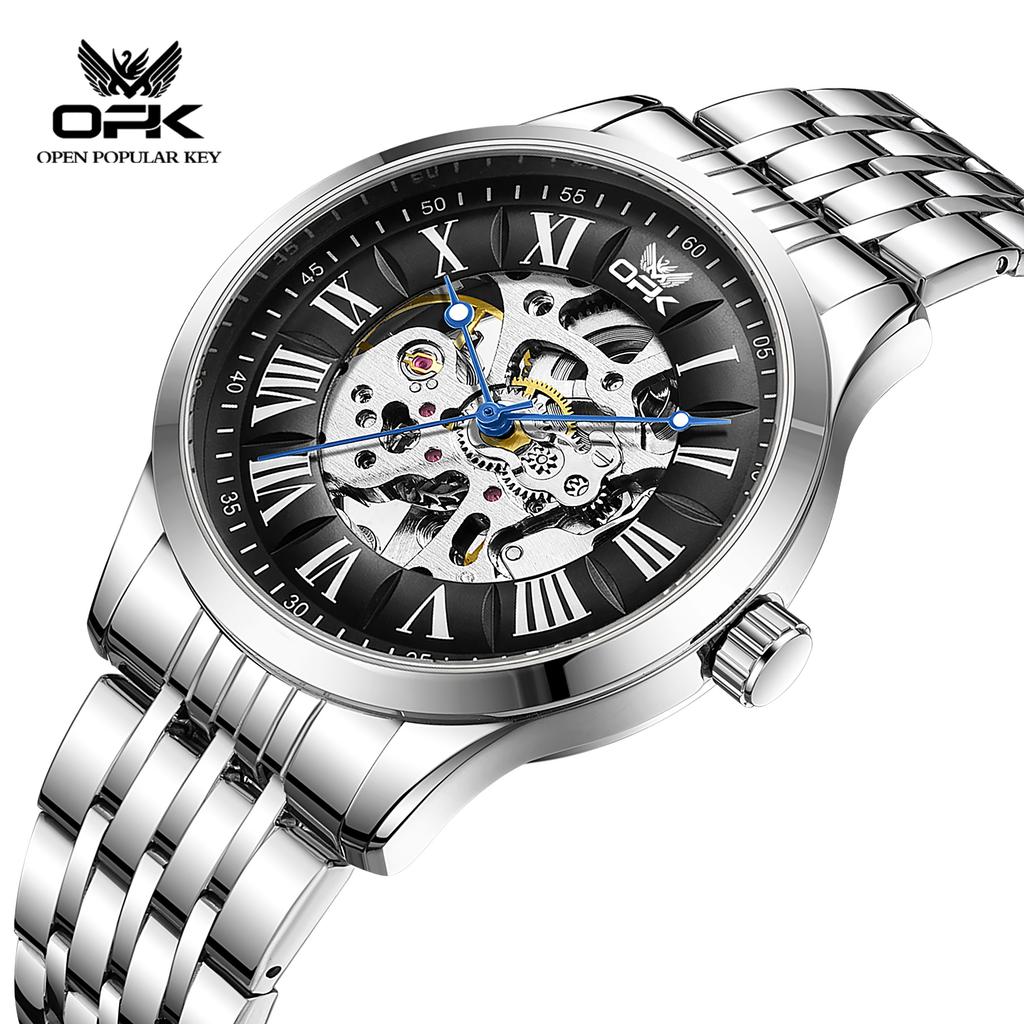 Mens Automatic Mechanical Watch Skeleton Hollow Roman Numeral Dial Waterproof Stainless Steel Business Dress Wrist Watch for Men