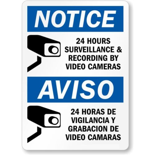 

Bilingual Hours Surveillance Aluminum Weatherproof SignAluminum 20x30cm（7.8x11.8inch）