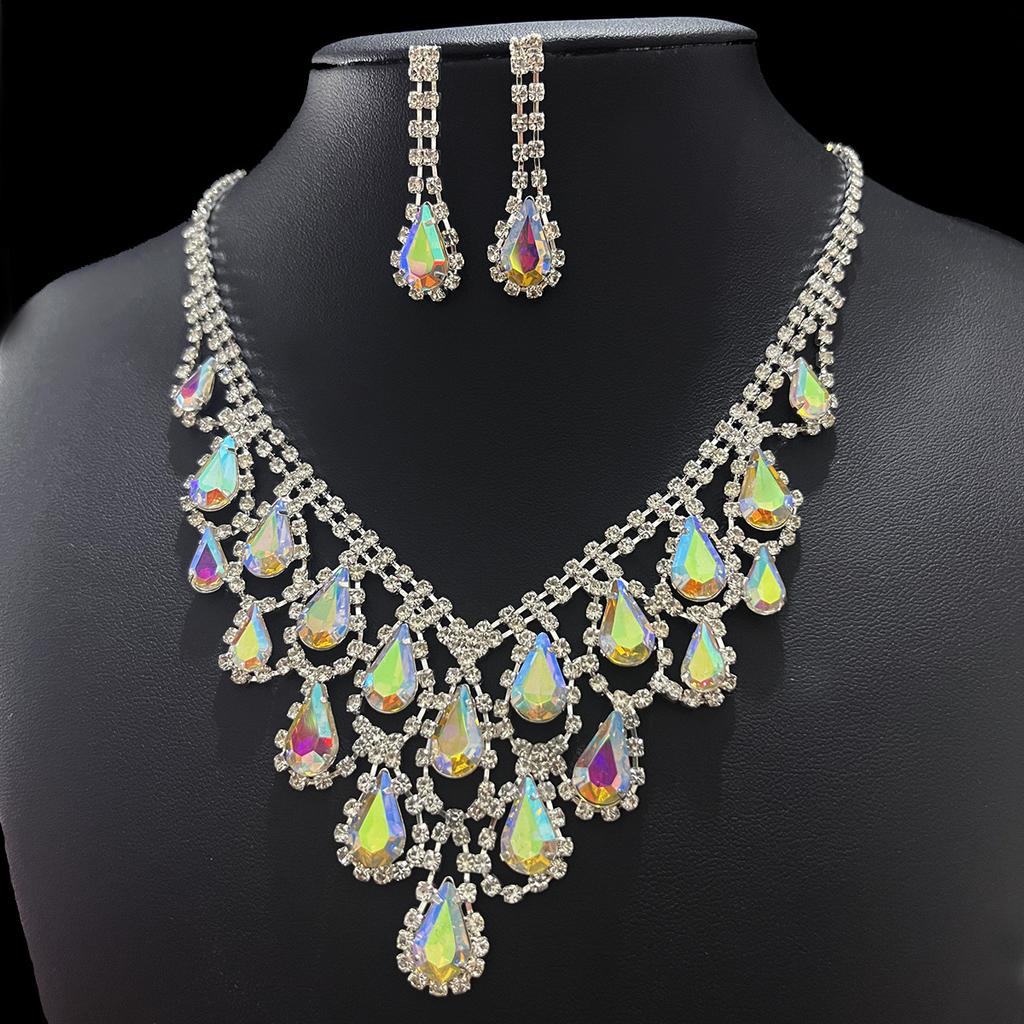 Fashion Crystal Full Diamond Necklace Earrings Two-piece Evening Dress Accessories Dinner Party Jewelry Bridal Accessories Women