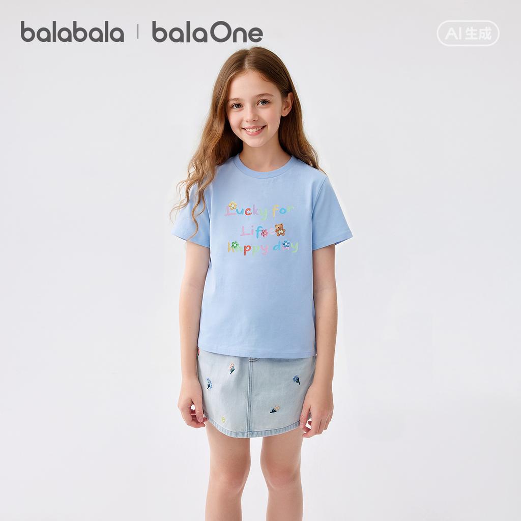 Balabala children's short sleeved t-shirt for girls 2026 new summer clothes, big children's pure cotton moisture absorbing quick drying top, stylish
