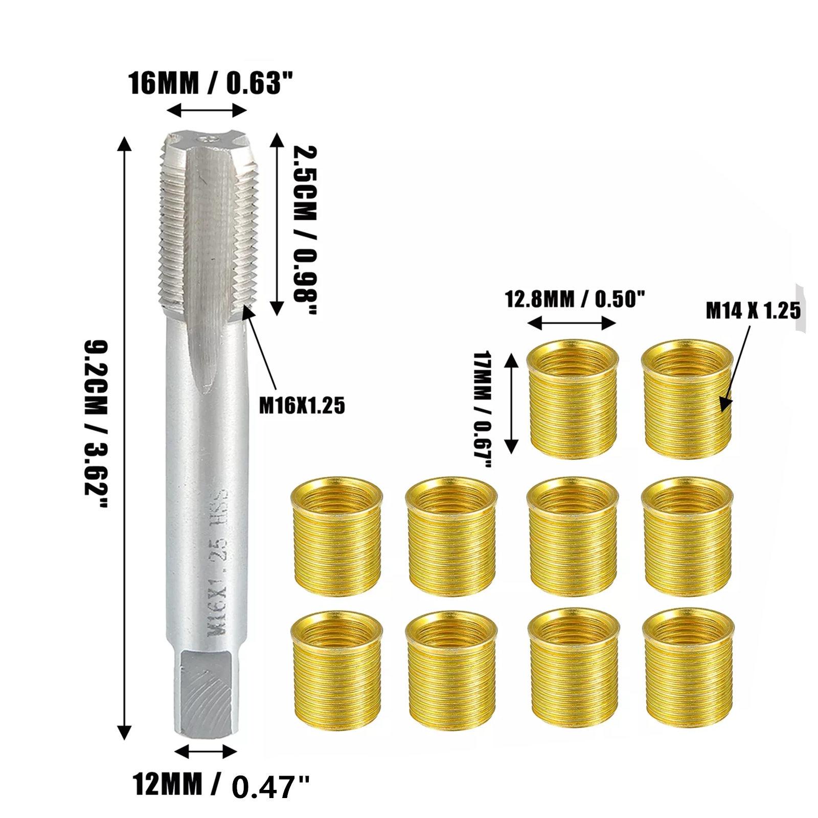 

10 шт. Комплект для ремонта резьбы свечей зажигания M14x1.25 Набор инструментов с метчиком-вставкой из нержавеющей стали для ремонта поврежденных резьб в двигателе автомобиля, генераторе United States