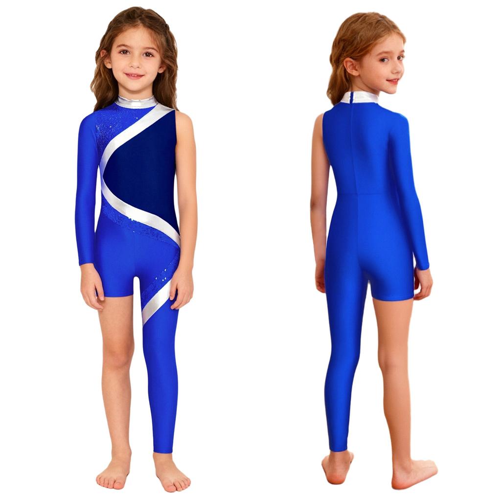 Kids Girls Stage Performance Jumpsuit: Mock Neck Shiny Sequins Color Block Asymmetrical Cut with Back Invisible Zipper