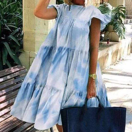 O-Neck Mini Dress Popular Soft Texture Flying Short Sleeve Butterflies Pattern Large Hem