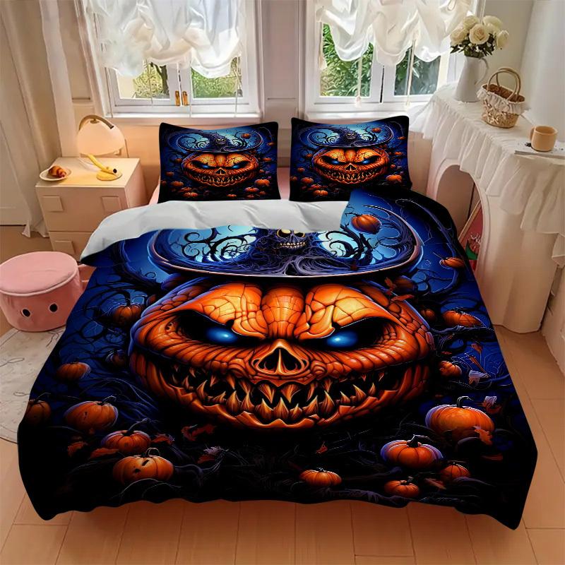 3pc Halloween Pumpkin Head Cover Set - 1 Quilt Cover + 2 Pillowcases, All Seasons Bedroom Setting, Perfect for Home027