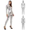 Tuta intera con cappuccio a maniche lunghe e zip frontale, jumpsuit metallica lucida con leggings/collant per donna, festa rave, club