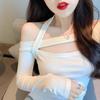 Pure Desire Spice Girl Hanging Neck One-word Collar Off-the-shoulder Hollow Long-sleeved T-shirt Women's Careful Machine Tight Irregular Short Top